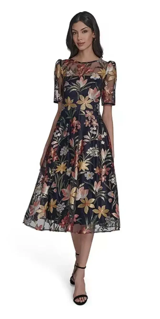 Eliza J Floral Embroidered Mesh Short Sleeve Dress size 4 boat neck flowers